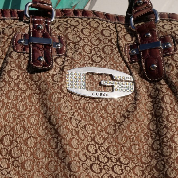 Y2K Guess Tansy Mocha canvas and faux leather shoulder tote bag - Picture 2 of 12